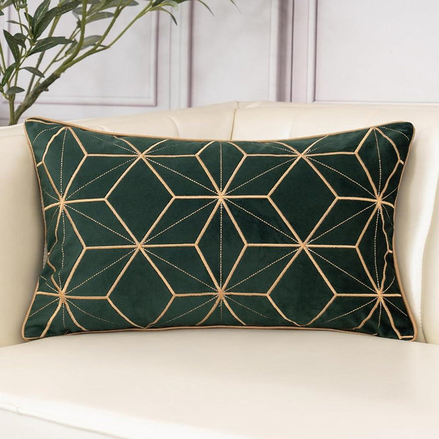 Aeckself Velvet Embroidery Pillow Cover 12x20 Inch, Luxury Modern Decorative Plaid Lumbar Throw Pillow Cover for Couch Bedroom Living Room, Dark Emerald Green and Gold