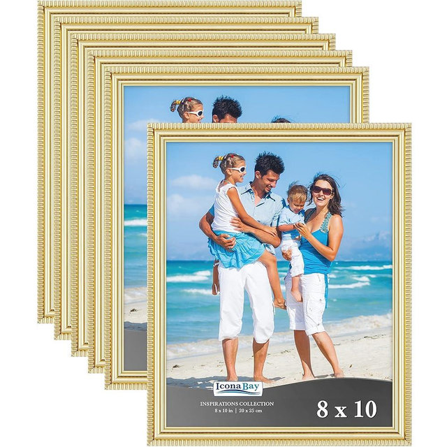 Icona Bay 8x10 Picture Frames (Gold, 6 Pack), Beautifully Detailed Molding, Contemporary Picture Frame Set, Wall Mount or Table Top, Inspirations Collection