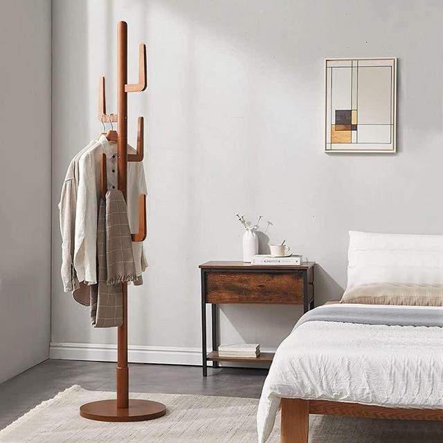 TinyTimes Wooden Coat Rack Free Standing, Cactus Shape, Sturdy Rustic Hall Tree Coat Tree Coat Hanger with 6 Hooks, for Coat, Hat, Clothes, Scarves, Handbags, Umbrella - Dark Brown