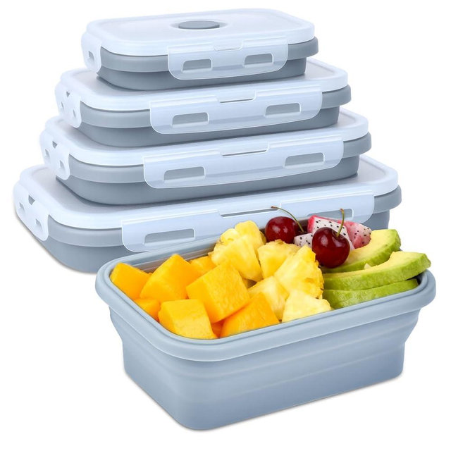 FOWIDALIXG Collapsible Silicone Food Storage Containers 4 Set Airtight Leak Proof Food Containers with Lids Stackable Meal Prep for Microwave Freezer Dishwasher for Kitchen Camping Office Gray