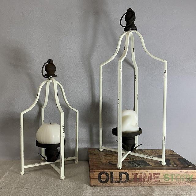 Large Tall Shabby Chic Lanterns Decorative Indoor Outdoor, Outside Gifts Front Porch Patio Vintage Metal Candle Holders, Fireplace Table Floor Farmhouse Rustic Decor Set of 2 (Distressed White)