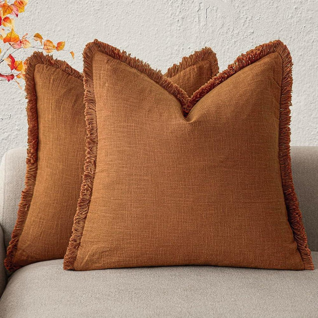Foindtower Set of 2 Decorative Linen Fringe Throw Pillow Covers Cozy Boho Farmhouse Cushion Cover with Tassels Soft Accent Pillowcase for Couch Sofa Bed Living Room Home Decor, 18×18 Inch, Orange