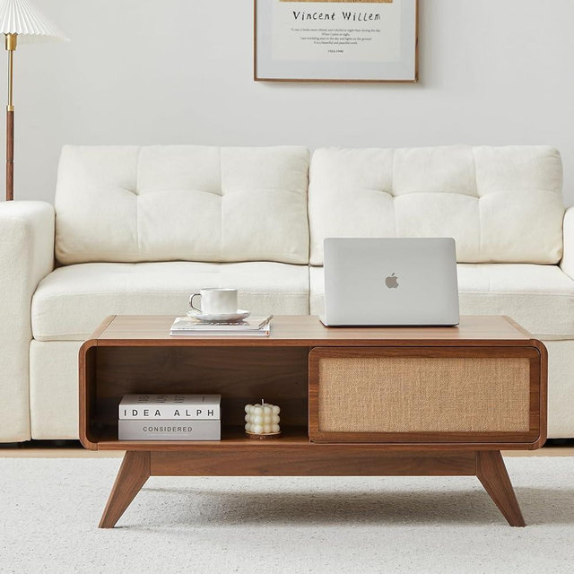 AVZEAR Mid Century Modern Coffee Table with Storage, Farmhouse Coffee Table Accent Center Tables with Sliding Linen Door Panel, Dining Table Centerpiece Decor Wood Coffee Table for Living Room, Walnut
