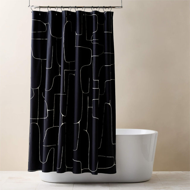 Falazo Organic Cotton Black with Warm White Abstract Shower Curtain 72"