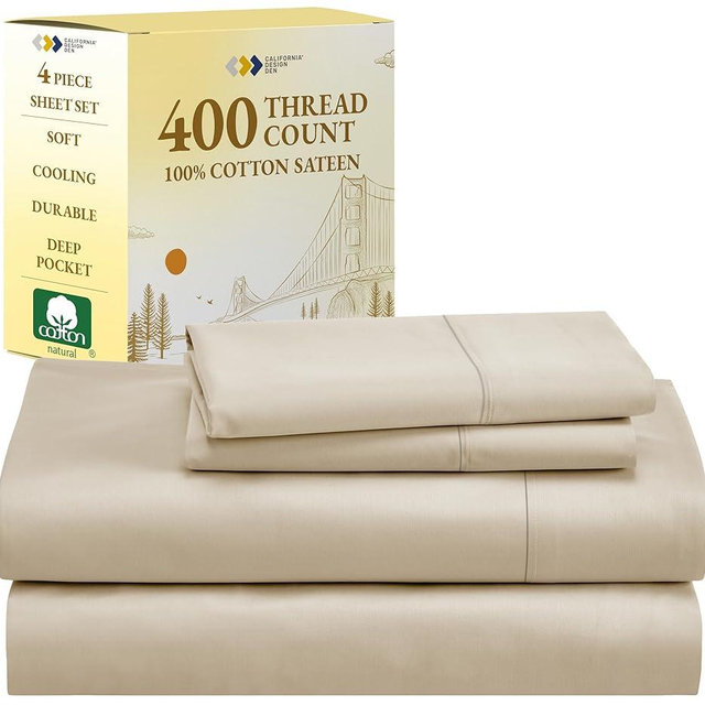 California Design Den Cal King Sheet Set, 400 Thread Count 100% Cotton Sateen Sheets - Soft, Breathable & Cooling, 4-Pc Deep Pocket Bed Sheets - Beige
