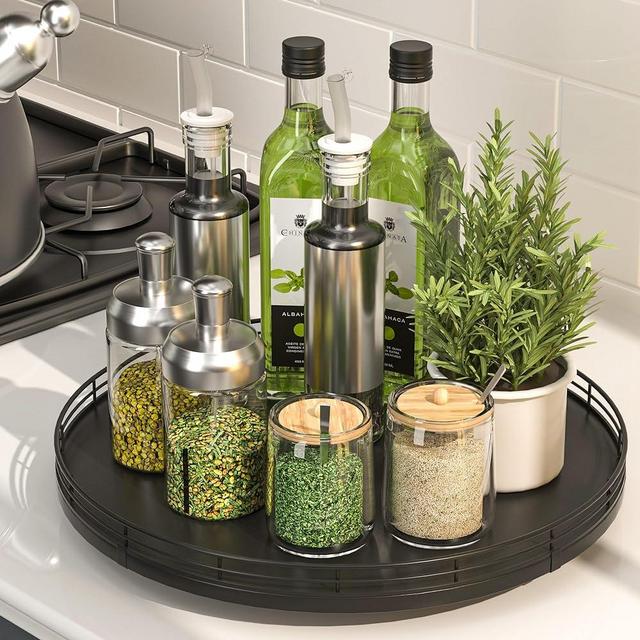 13" Oak Wood Lazy Susan Organizer, Lazy Susan for Cabinet Dining Table Pantry Wood Turntable Organizer Tray for Coffee Table Kitchen Countertop Salt Pepper Spice Organization and Storage Round Black