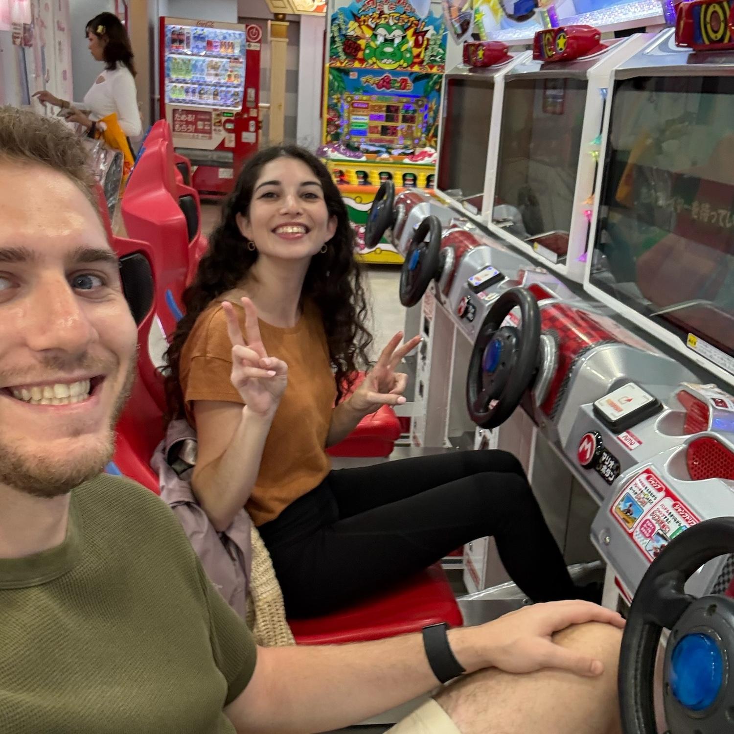 Lindsay with a rare win over Sam in Mario Kart (Tokyo, Japan)