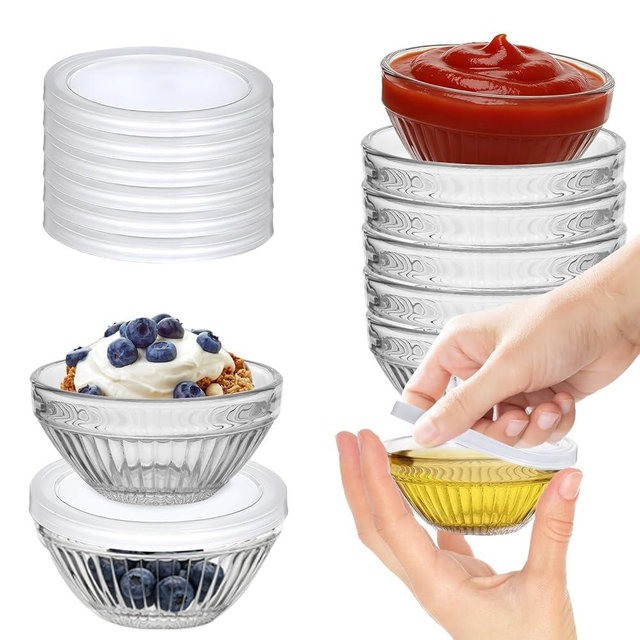 FUYITE 6 Pack Mini 3 Inch Small Glass Bowls with 6 Pack Lids, 2.5 oz Clear Glass Pinch Bowls, Condiment Containers, for Dips, Nuts, Candy, Snacks, Meal Prep Bowls