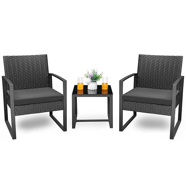 Homall Balcony Set of 2 3 Piece Furniture Table Garden Backyard Outdoor Patio Use Porch Chairs Cushioned PE Wicker Bistro Set Rattan (Black)