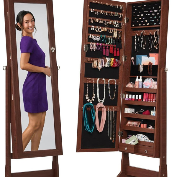 Best Choice Products Freestanding Jewelry Armoire Cabinet, Full Length Standing Mirror, Lockable Makeup Storage Organizer, w/Velvet Lining, 3 Angles, Lock, Accessory Pouch, 5 Shelves - Walnut