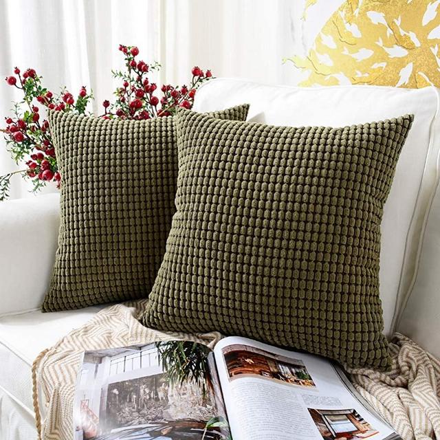 MERNETTE Pack of 2, Corduroy Soft Decorative Square Throw Pillow Cover Cushion Covers Pillowcase, Home Decor Decorations for Sofa Couch Bed Chair 18x18 Inch/45x45 cm (Granules Olive Green)
