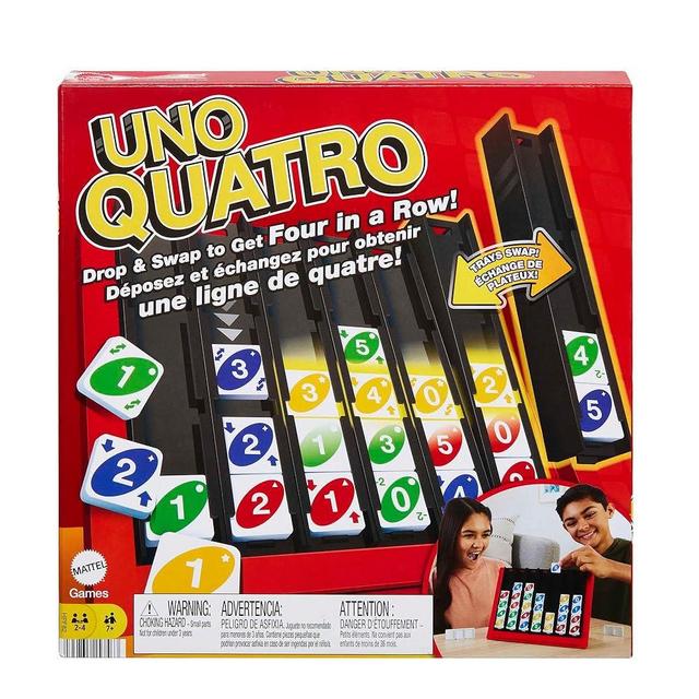 Mattel Games UNO Quatro Game with Colored Tiles & Plastic Game Grid for Adult, Family & Game Night, 2 to 4 Players Ages 7 Years & Up