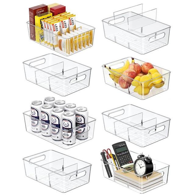 Mpotmiy Pantry Organizers and Storage , 8 Pack Snack Organizer for Pantry Shelf,Food Storage Bins with Divider,Clear Containers for Organizing,Transparent Plastic Basket,Refrigerator and Fridge Bins