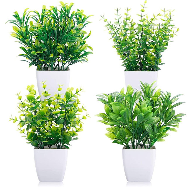 CEWOR 4 Packs Artificial Mini Potted Plants Fake Greenery Eucalyptus Plastic Pot Centerpiece for Home Office Desk Table Indoor Decor