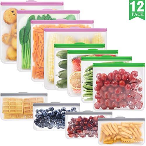GLAMFIELDS Reusable food Storage Bags - 12 Pack Leakproof Freezer BPA FREE Bag(4 Reusable Gallon Bags + 4 Reusable Sandwich Bags + 4 Reusable Snack Bags) with exclusive easy tabs