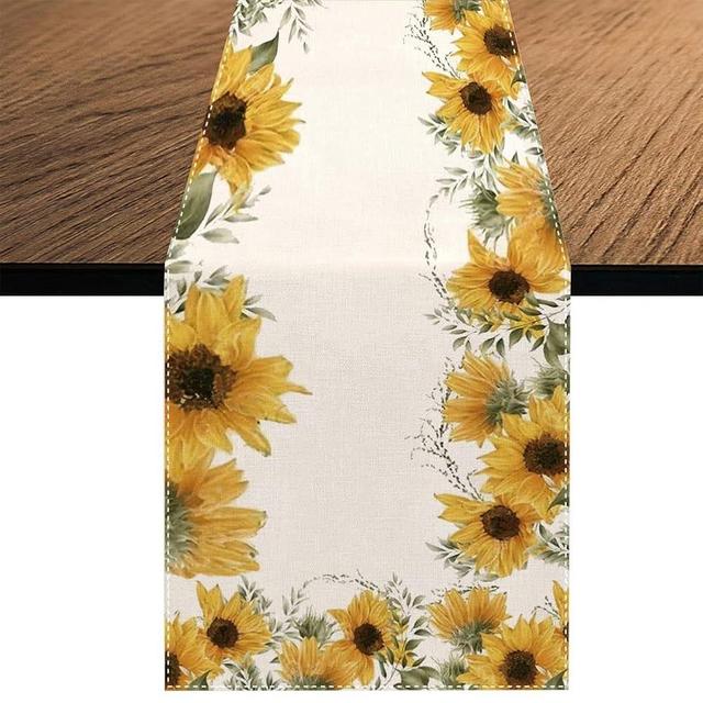 Watercolor Sunflower Wreath Table Runner, Seasonal Spring Summer Farmhouse Kitchen Dining Table Decoration for Indoor Outdoor Home Party Decor 13 x 70 Inch