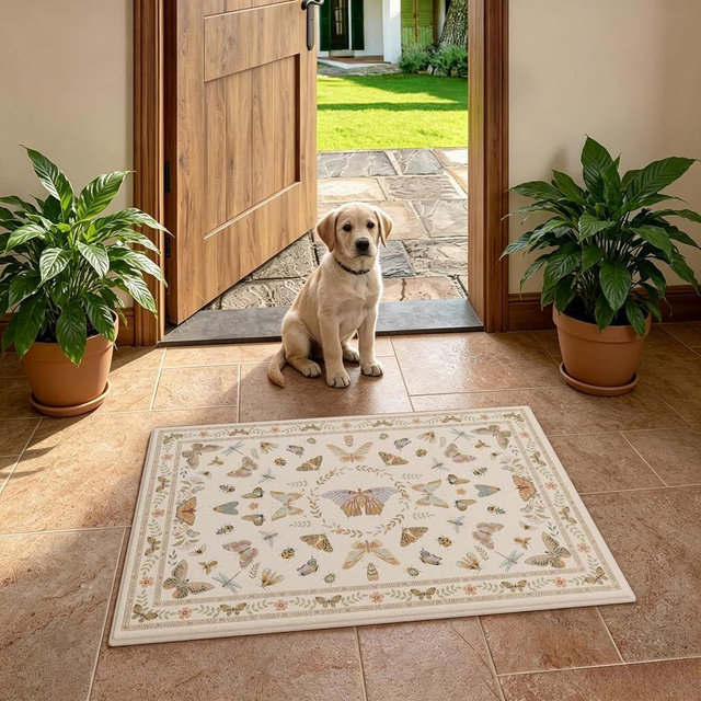 Unirea 2x3 Small Beige Washable Area Rug, Door Mat Indoor Entrance Insect Rug, Non Slip Thin Area Rugs, Soft Boho Bug Entryway Rug for Kitchen, Bathroom, Bedroom, Laundry Room, Low Pile Carpet
