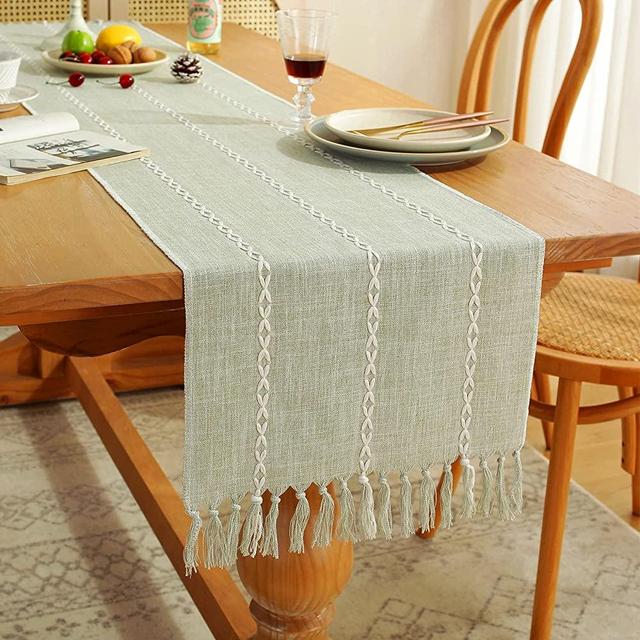ZeeMart Farmhouse Table Runner, Vintage Rustic Table Runner, Cotton Linen Braided Coffee Table Runner with Handmade Tassels for Home Dining Table Decor (15x72 inches, Braided Jadegreen)
