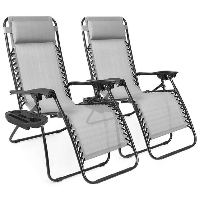 Best Choice Products Set of 2 Adjustable Steel Mesh Zero Gravity Lounge Chair Recliners w/Pillows and Cup Holder Trays - Ice Gray