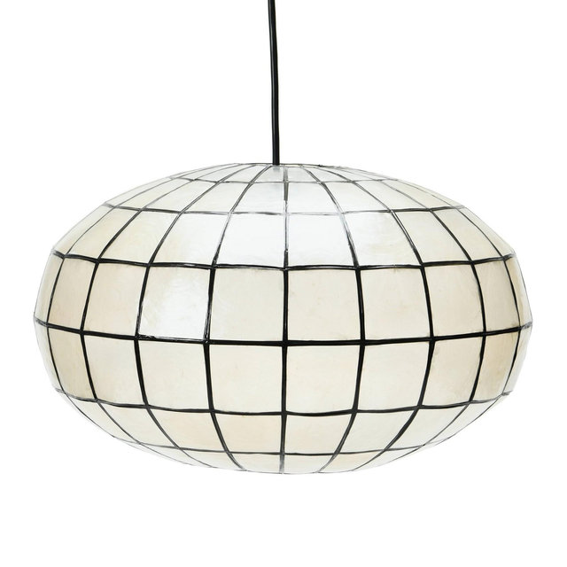 Storied Home Oblong Capiz Ceiling Light White and Black: ETL & UL Listed, Iron Body, Oval Shade, 60W, Modern Pendant