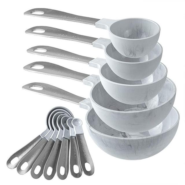 COOK WITH COLOR Measuring Cups Set - 12 PC. Plastic Nesting Kitchen Measuring Set and Spoons with Stainless Steel Handles - Liquid Measuring Cup Set - Dry Measuring Cup Set (White Marble)