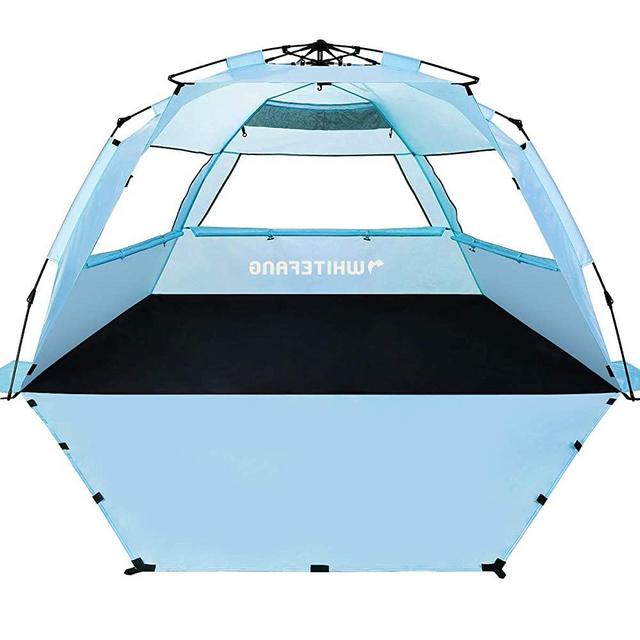 WhiteFang Deluxe XL Pop Up Beach Tent Sun Shade Shelter for 3-4 Person, UV Protection, Extendable Floor with 3 Ventilating Windows Plus Carrying Bag, Stakes, and Guy Lines