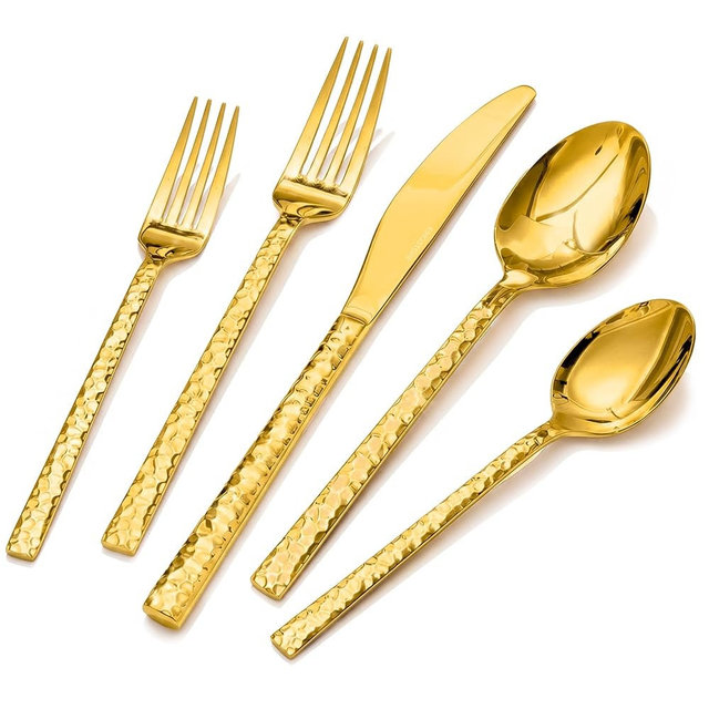 KINGSTONE 40 Piece Gold Silverware Set, Hammered Silverware Set for 8, 18/10 Stainless Steel Flatware Includes Fork Spoon Knife, Cutlery Utensil Set for Party, Wedding, Mirror Polished Dishwasher Safe