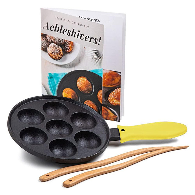 Cast Iron Aebleskiver Pan / Ebelskiver Pan / Ideal for Mini Pancake Mold, Cake Pop Pan, and Takoyaki Maker for Danish Stuffed by Upstreet (Yellow)
