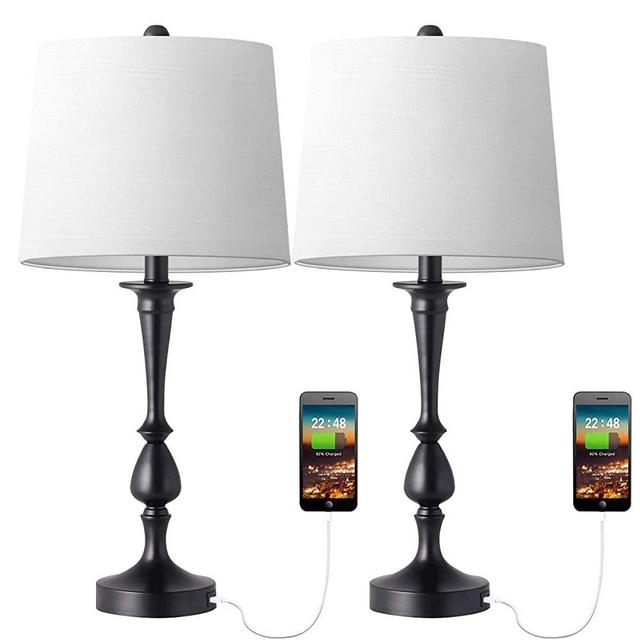 Oneach USB Table Lamp Set of 2 Modern Bedside Desk Lamps for Bedroom Living Room Office Black Nightstand Lamp