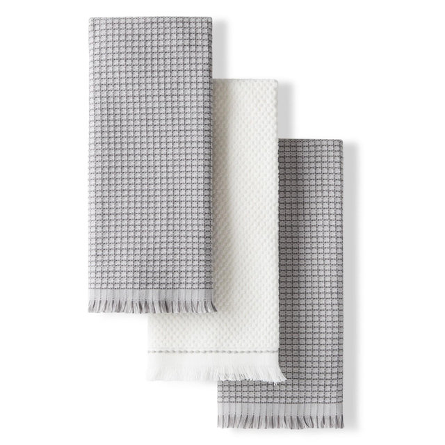 KITCHENAID Gourmet Series Gridlines Kitchen Towels 3-Pack Set, 100% Cotton Absorbent, Matte Grey, 18"x28"