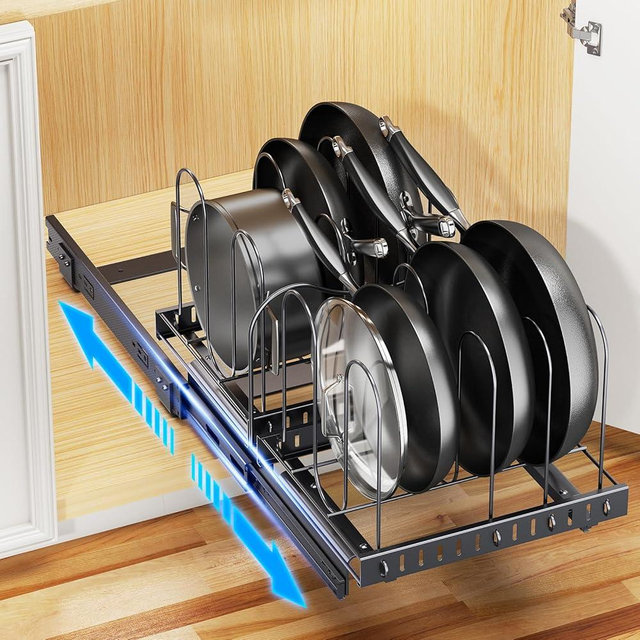 PanPanPal Pots and Pans Organizer for under Cabinet, Pull Out Pan Organizers inside Cabinet with Adjustable Dividers, Kitchen Cabinet Organizers and Storage for Cast-iron Pan, Cutting Board, Pot Lid