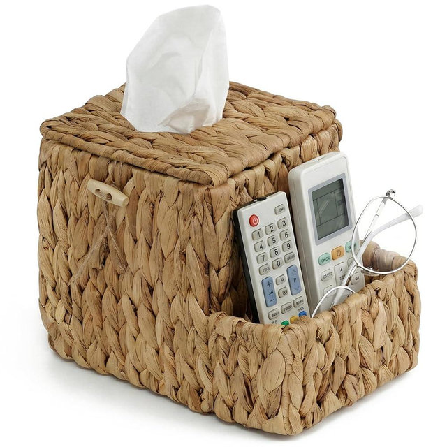 Water Hyacinth Tissue Box Holder with Side Organizer, Handwoven Wicker Cover with Metal Frame, Boho Farmhouse Tissue Box Storage for Kitchen, Bedroom & Living Room