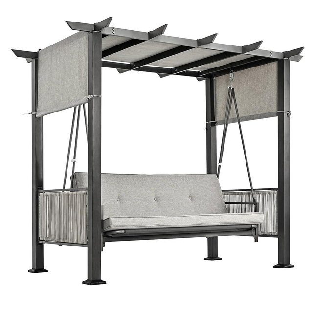 PAMAPIC 3-Seat Patio Swing Chair,Outdoor Patio Swing Bed with Adjustable Curtains,Porch Swing Bed for Balconies, Gardens and Poolside,Grey