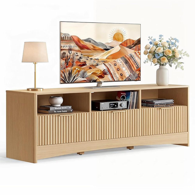 Marsail Fluted TV Stand for 65 inch TV, Modern Entertainment Center with Drawers, Boho TV Stands Wood Media Console Cabinet with Storage and Shelves, TV Consoles for Living Room, Bedroom, Oak