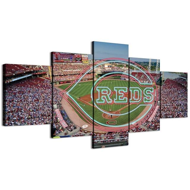 Cincinnati Baseball Stadium Panoramic Poster With Neon effect Reds Sign (5-Panel Framed Canvas Printing Full Size: 60x100cm) Home Decor Man Cave Wall Art
