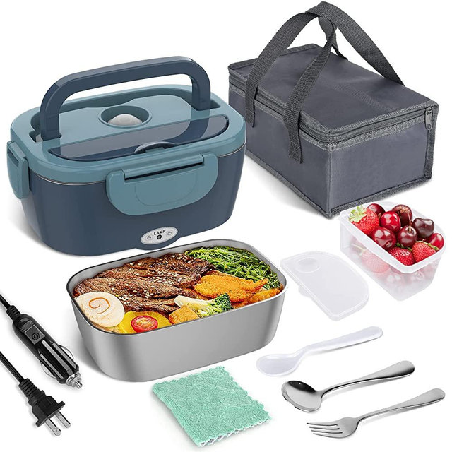 Vabaso Electric Lunch Box Food Heater, 60W Electric Heating Lunch Boxes Lunch for Adults/Men/Car/Home/Work, 1.5L Removable 304 Stainless Steel Container, 110V/12V/24V, with Fork & Spoon