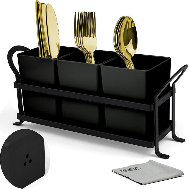 Czlizdyt Cutlery Holder with Drain Holes, Silverware Caddy for Party Countertop, 3pcs Bins Set Utensil Holders for Spoon and Fork, Black