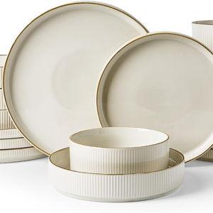 Famiware Star 16-Piece Stoneware Dinnerware Sets with Trim, Service for 4 - Shallow Pasta Bowls & Flat Plates, Modern Rustic Ribbed Dishes, Chip & Scratch Resistant, Microwave & Dishwasher Safe, White