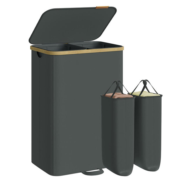 SONGMICS Laundry Hamper, Laundry Sorter with Lid, Storage Basket Bin, Removable Liners, Bamboo Frame, 2 Sections, 39.6 Gal. , Slate Gray