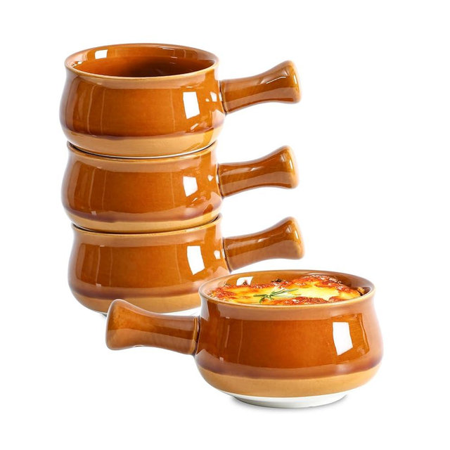 vicrays French Onion Soup Bowls With Handles, 26 Ounce for Soup, Chili, Beef Stew, Chip Resistant, Dishwasher Microwave Safe, Set of 4 (Brown)
