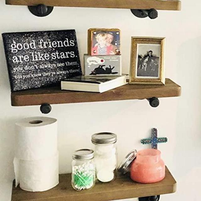 Olillo Industrial Pipe Shelves with Towel Racks: DIY Floating Wood Shelves on Industrial Pipes - Rustic Mounted Wall Shelf for Bathroom, Kitchen, Living Room, Bedroom - Farmhouse Decor Shelving Units