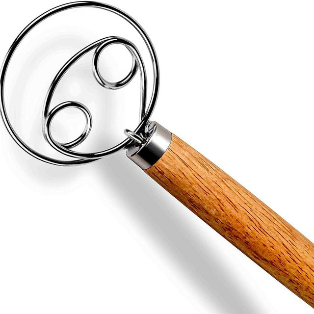 Danish Dough Whisk for Bread Baking - Stainless Steel Sourdough Whisk with Ergonomic Wooden Handle - Ideal for Mixing Sourdough, Pizza, Pastry Dough & Batter