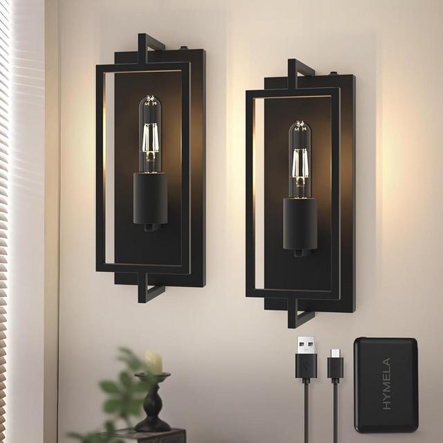 HYMELA V03 Battery Operated Wall Sconce Set of 2: Rechargeable Wall Lamp Vintage Style Easy to Install - Cordless Wall Light Fixtures for Bathroom Hallway Kitchen Mirror(Bulb Included)
