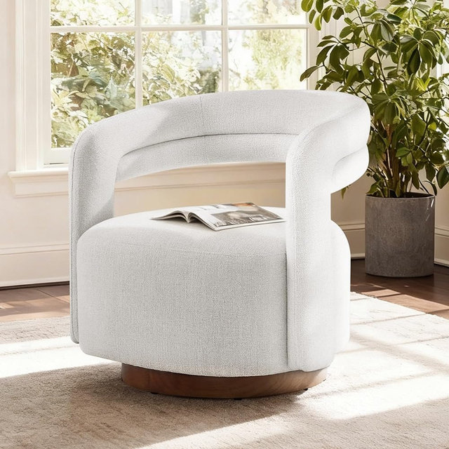 Swivel Accent Chair, Upholstered Barrel Chair with Open Back Design, Modern Arm Chair with Wooden Base for Living Room Bedroom Reading Waitingroom, Wheat
