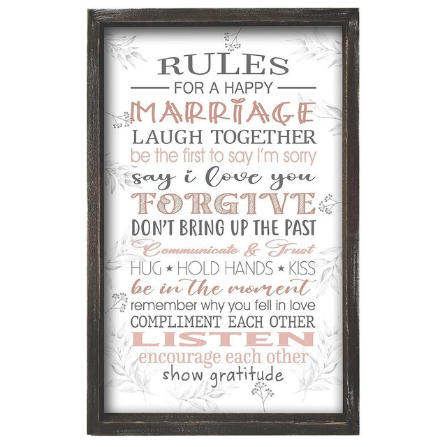Rules for A Happy Marriage Framed Wall Plaque in Solid Wood Material 16x9.5 Inches Vertical - Bridal Shower Gift for Couples Wife Husband - Affirmation Motivational Inspiring Home Decor Newlywed