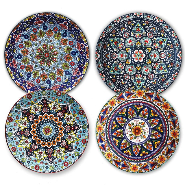 HASENSE Dinner Plate Set of 4, 10.5 Inch Porcelain Plates for Kitchen, Large Salad Plates for Steak, Dishes Set for Restaurant, Microwave, Oven & Dishwasher Safe for Christmas Gift, Bohemian