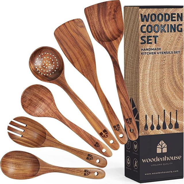 WOODENHOUSE LIFELONG QUALITY wooden ladle spoon set, 3 size teak wood  kitchen serving spoon with back hooks for pot & bowl, non-stick wooden  spoon set