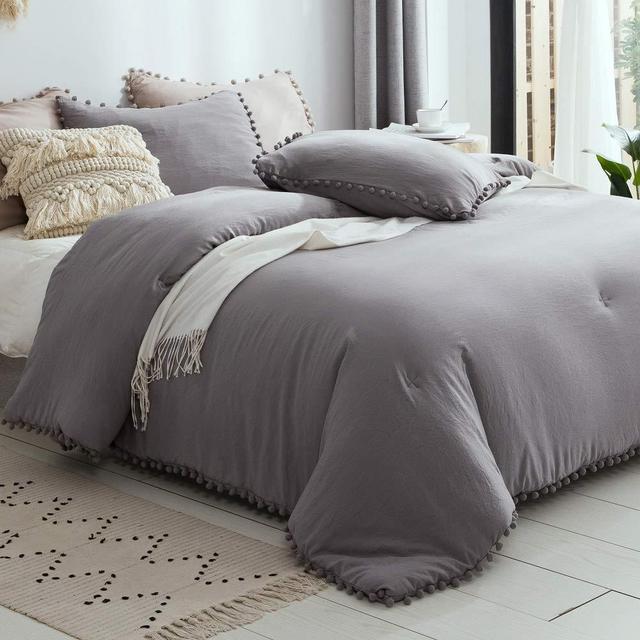 SexyTown Gray Pom Fringe Comforter Set King Size,Cute Pom Poms Ball Boho Bedding with Super Soft Microfiber Inner Fill All Season 3 Pieces(1 Comforter+2 Pom Fringe Shams)