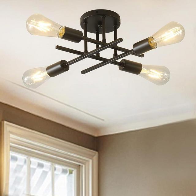 Giutna Modern Semi Flush Mount Ceiling Light Fixture,4-Light Farmhouse Light Fixtures Ceiling Mount,Industrial Chandelier Ceiling Lamp for Living Room Bedroom Kitchen Hallway,Bulb Not Included(Black)