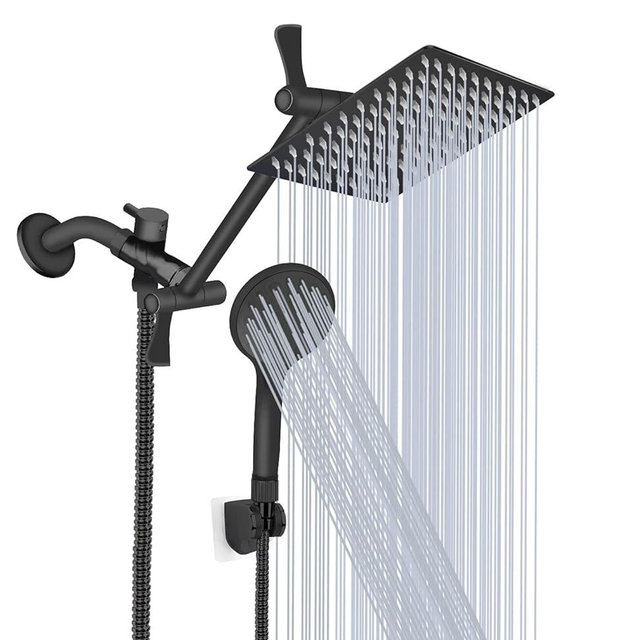 Shower Head, 12‘’ High Pressure Rainfall/Handheld Shower Combo with 11'' Extension Arm, 9 Settings, Anti-leak Shower Head with Holder, Height/Angle Adjustable, Matte Black